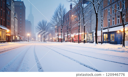 In the city with old buildings, in winter, covered with snow. Winter background. 120946776