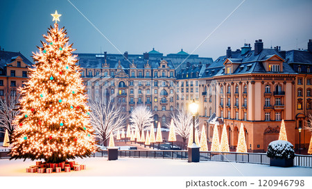 A beautifully lit Christmas tree in a snowy town. A beautifully lit Christmas tree in a snowy town. 120946798