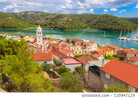 Aerial view of small town Skradin on the Krka River in Dalmatia, Croatia 120947129