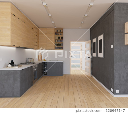 Modern, minimalist kitchen with natural light and wooden accents. Modern, minimalist kitchen with natural light and wooden accents. 120947147