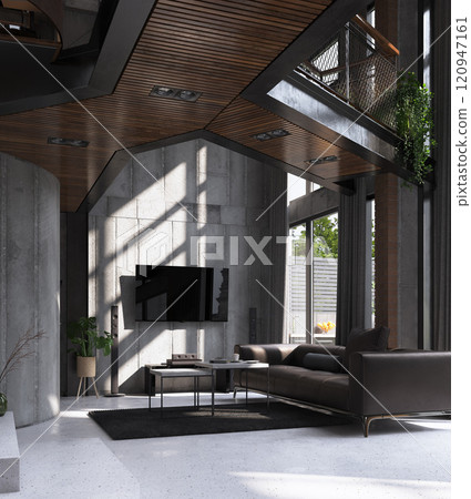 Modern loft-style living room with wood accents Modern loft-style living room with wood accents 120947161