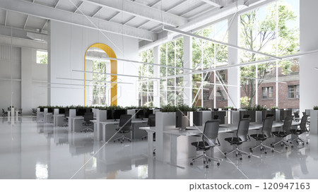 Sleek, modern office space with natural light and greenery. 120947163