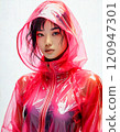 穿著雨衣站在雨中的東方女人 120947301