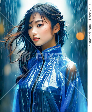 穿著雨衣站在雨中的東方女人 120947304