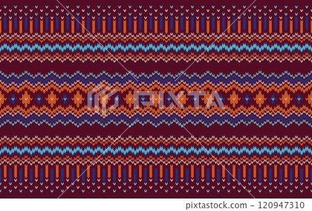 Knitted pattern seamless fabric red-orange tone. traditional knitted pattern vector ethnic style. Designed for background ,wallpaper ,carpet ,clothing ,knitted pattern ,fabric ,pixel art ,textile 120947310