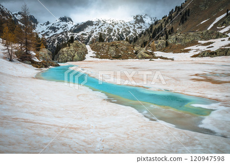 Beautiful glacier lake near Lake Trecolpas in the French Alps 120947598