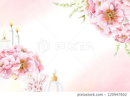 Elegant floral wedding invitation card with pastel pink peony bouquet in vase, flowers and watercolor splashes. Horizontal frame template isolated illustration with copy space. Garden roses clipart Elegant floral wedding invitation card with pastel pink peony bouquet in vase, flowers and watercolor splashes. Horizontal frame template isolated illustration with copy space. Garden roses clipart 120947602