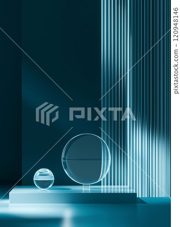 Simple glass design, blue light on the base, one ball on the base, a perfect background or display. 120948146