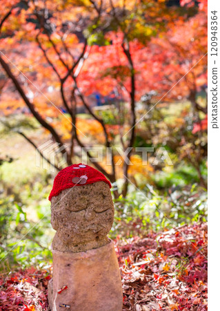 Jizo statue in the garden of Daikeiji Gaya-in Temple in Miki City, Hyogo Prefecture, where the autumn leaves are in full bloom. 120948364