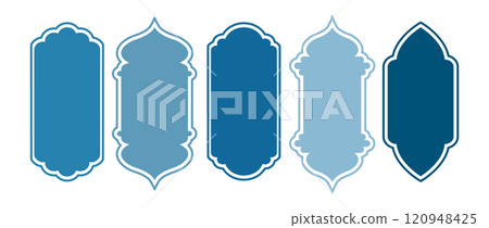 Ramadan Shape Door. Arabic architecture. Set of blue Moroccan gates. Traditional Vector illustration 120948425