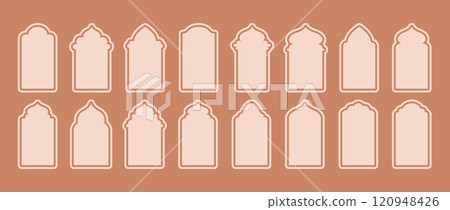 Ramadan Shape Door. Arabic architecture. Set of beige Moroccan gates. Traditional Vector illustration 120948426