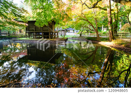 秋天的中尊寺,弁財天堂,安靜的早晨,岩手縣 秋天的中尊寺,弁財天堂,安靜的早晨,岩手縣 120948605