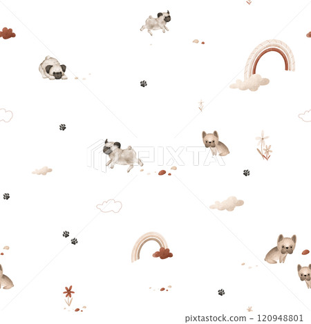 Seamless pattern with cartoon animals and rainbow for children's design. Hand drawn wallpapers of illustration of cute dogs - pug and french bulldog on isolated. Flowers and stones and clouds. 120948801