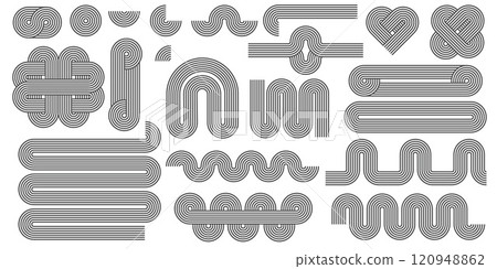 Abstract shapes with line pattern. Vector retro arch and geometric waves on white background. Organic graphic elements and curved modern figures. Simple minimalistic aesthetic stripes 120948862
