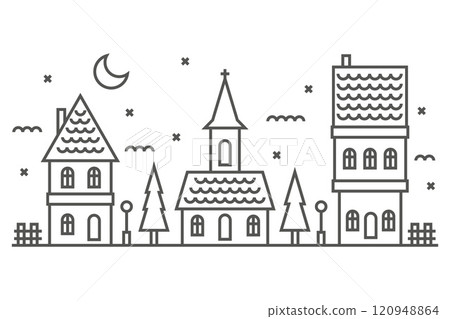 Winter houses in village. Silhouette of town in night. Neighborhood skyline on white background. Christmas cityscape with church, cute homes and trees. Vector simple rural scene 120948864