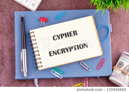 The concept of technology and development. The CYPHER ENCRYPTION concept phrase in the notebook, top view. Copy space 120948868