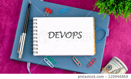 Concept for software engineering culture and practice of software development. DEVOPS word in a mini notebook on a business book, top view. Copy space 120948869