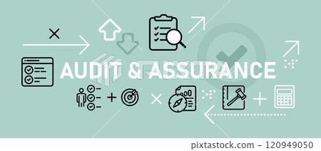 Audit and assurance assessment evaluation of organization company certification web header illustration concept with icon flat bright blue color 120949050