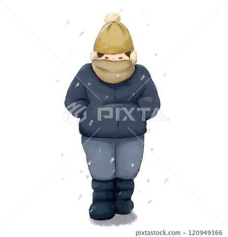 A person walking around in thick clothes in the snow, looking cold A person walking around in thick clothes in the snow, looking cold 120949366
