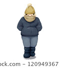 A person walking around in thick clothes looking cold 120949367