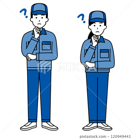 Men and women in overalls thinking of ideas (set) (full body) 120949441