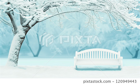 A beautiful white bench is peacefully sitting under a tall tree in a snowy park A beautiful white bench is peacefully sitting under a tall tree in a snowy park 120949443