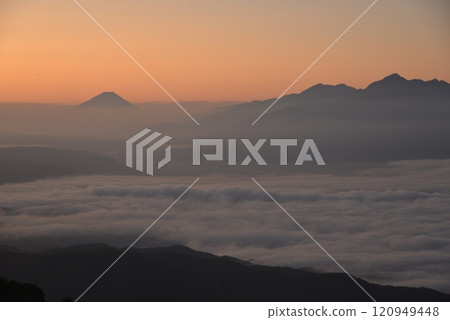 Fuji and the Southern Alps floating in the sea of clouds 120949448