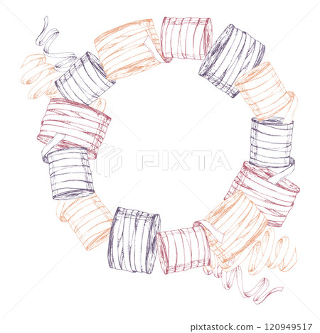 Threads ribbons spools bobbins fabric serpentine. Hand drawn ink vector illustration sewing embroidery craft supplies. Frame wreath isolated on white background. Design atelier, tailor, hobby shop Threads ribbons spools bobbins fabric serpentine. Hand drawn ink vector illustration sewing embroidery craft supplies. Frame wreath isolated on white background. Design atelier, tailor, hobby shop 120949517