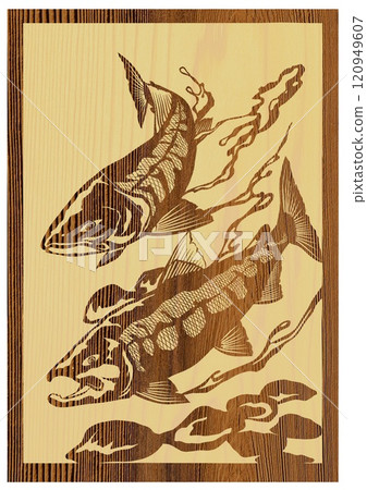 Salmon underwater woodblock style paper cut illustration Salmon underwater woodblock style paper cut illustration 120949607