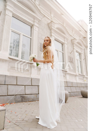 bride in a veil and with a bouquet against the background of a classic building bride in a veil and with a bouquet against the background of a classic building 120949767