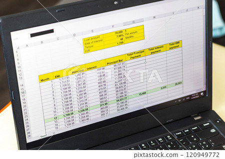 Shot of an excel sheet on computer screen showing bank loan amortization table. Shot of an excel sheet on computer screen showing bank loan amortization table. 120949772