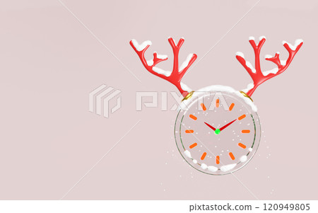 3d clock glass with antlers, falling snow isolated on pink background. merry christmas, festive new year concept, 3d render illustration 3d clock glass with antlers, falling snow isolated on pink background. merry christmas, festive new year concept, 3d render illustration 120949805