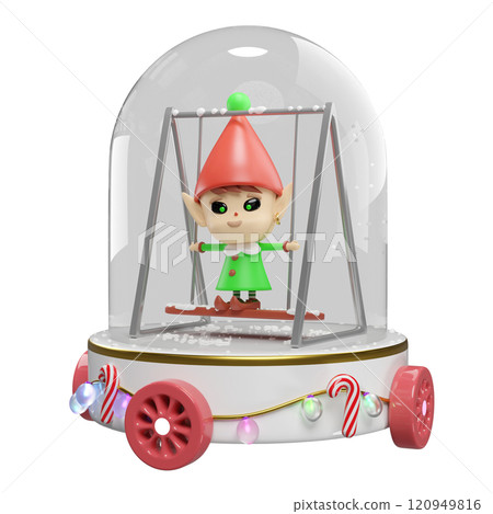 3d Elf sitting swing in snow globe with decorated podium on wheels isolated. merry christmas, festive new year concept, 3d render illustration 120949816