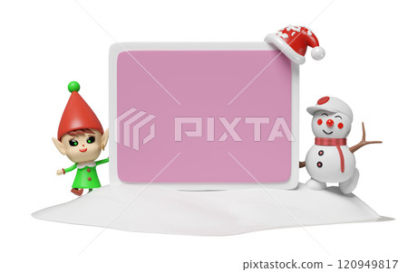 3d billboard with snowman, Elf, snow hill, santa claus hat isolated. merry christmas, festive new year concept, 3d render illustration 3d billboard with snowman, Elf, snow hill, santa claus hat isolated. merry christmas, festive new year concept, 3d render illustration 120949817