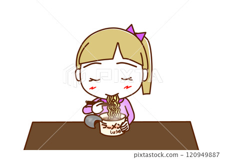 (Front upper body) A Caucasian girl eating instant noodles with gusto 120949887