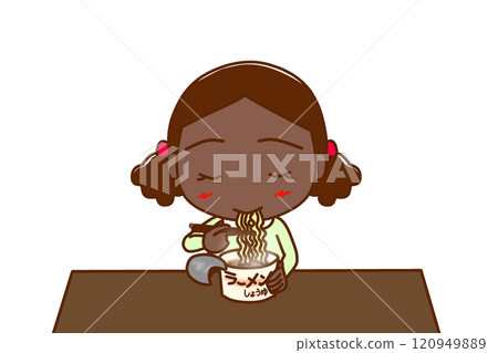 (Front view of upper body) An African-American girl eating instant noodles with gusto (Front view of upper body) An African-American girl eating instant noodles with gusto 120949889