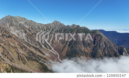 Autumn in Nagano Prefecture, Shinhotaka, Kamikochi, Okuhida, view from Nishihomaruyama, Kasagatake, Yarigatake, Hotakadake, Minamidake and clear sky, aerial view of the summit 120950147