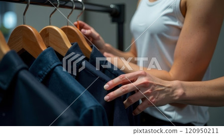 Caucasian adult female shopping for clothes in store rack 120950211