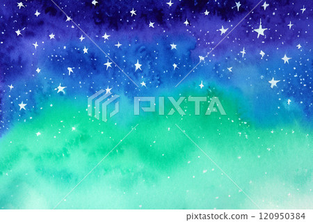 美麗的夜空背景與水彩風格的極光和星星 120950384