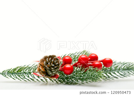 New Year. Branch of Christmas trees with cones,berries on white 120950473