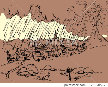 Vector drawing. Volcano erupts over the cityerupts over the city 120950517
