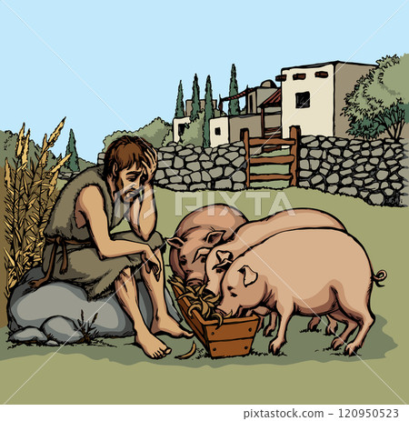 Vector drawing. A sad man and pigs Vector drawing. A sad man and pigs 120950523