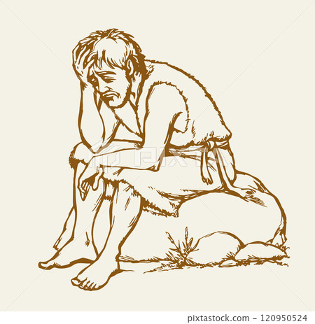 Vector drawing. A sad man and pigs 120950524