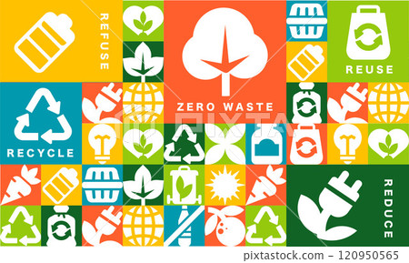 The seamless pattern Zero Waste, Bauhaus Style Design for Eco Themes with Geometric icons in a vector illustration 120950565