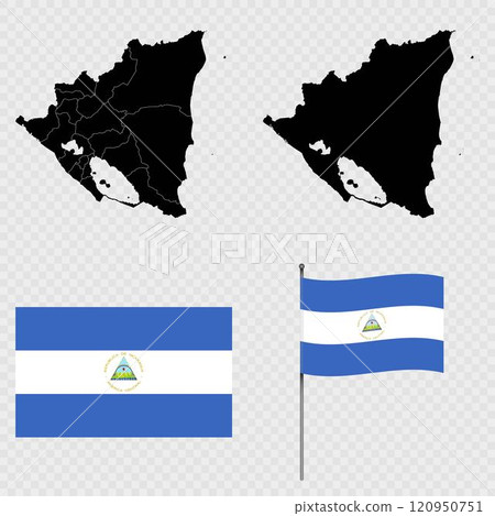 Set of maps, flag and flagpole of Nicaragua. Vector illustration. 120950751