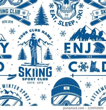 Set of ski sport club seamless pattern design. Background, wallpaper, seamless pattern with ski pole, skis, ski glasses and helmet. Vector illustration Set of ski sport club seamless pattern design. Background, wallpaper, seamless pattern with ski pole, skis, ski glasses and helmet. Vector illustration 120950800
