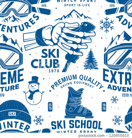 Set of ski sport club seamless pattern design. Background, wallpaper, seamless pattern with skeleton hand holding ski pole, skis, ski glasses and helmet. Vector illustration. Set of ski sport club seamless pattern design. Background, wallpaper, seamless pattern with skeleton hand holding ski pole, skis, ski glasses and helmet. Vector illustration. 120950810