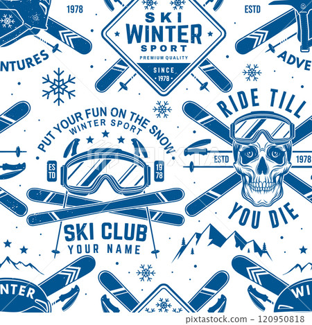 Set of ski sport club seamless pattern design. Background, wallpaper, seamless pattern with ski pole, skis, ski glasses and helmet. Vector illustration Set of ski sport club seamless pattern design. Background, wallpaper, seamless pattern with ski pole, skis, ski glasses and helmet. Vector illustration 120950818