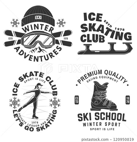 Set of ski and Ice Skate club, logo, badge design. Concept for shirt or logo, print, stamp or tee with ski glasses, ski, ice skater, skate, skates blades and helmet . Winter sport. Vector 120950819