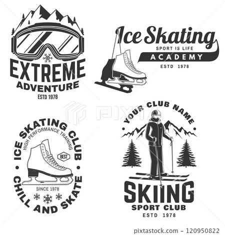 Set of ski and Ice Skate club, logo, badge design. Concept for shirt or logo, print, stamp or tee with ski glasses, ski, ice skater, skate, skates blades and helmet . Winter sport. Vector Set of ski and Ice Skate club, logo, badge design. Concept for shirt or logo, print, stamp or tee with ski glasses, ski, ice skater, skate, skates blades and helmet . Winter sport. Vector 120950822